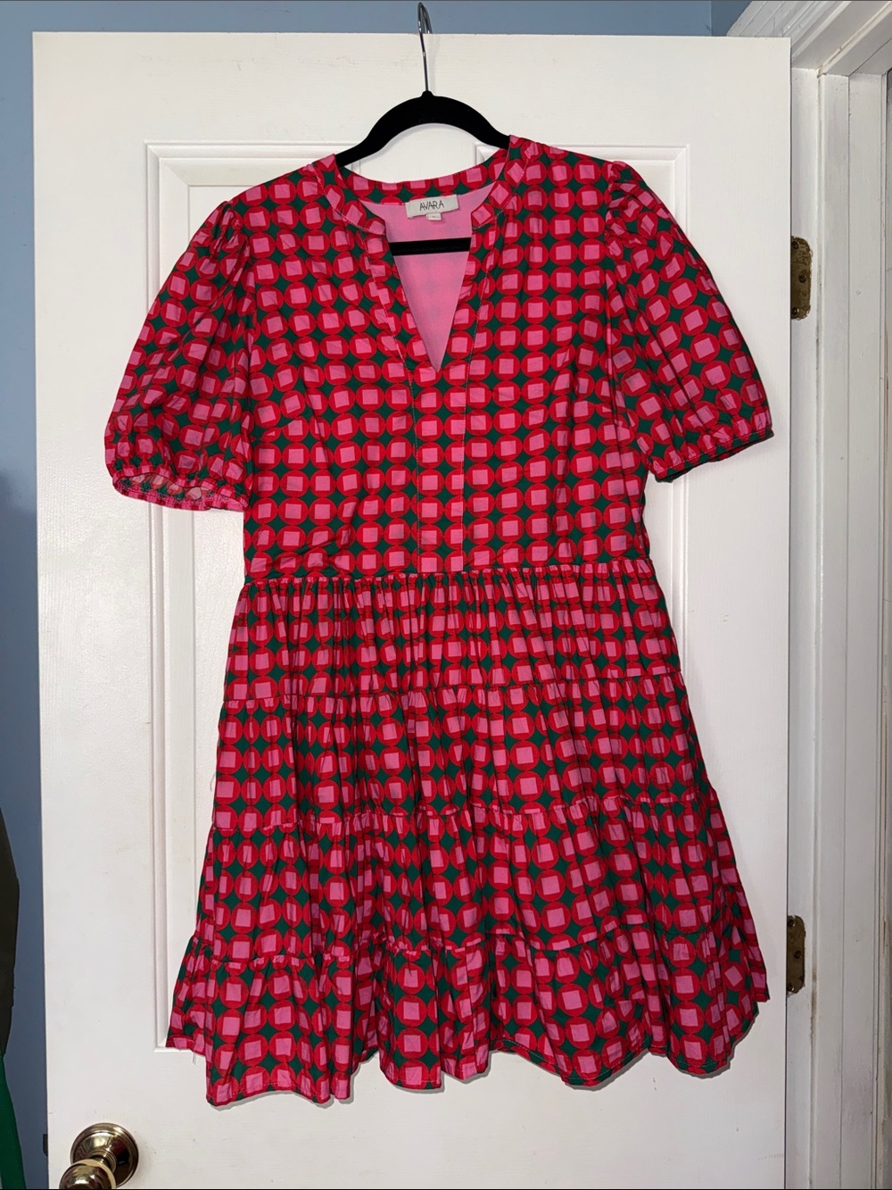 Bright Pink & Red Geometric Tiered V-Neck Dress